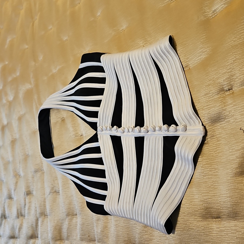 Black and White Halter Top with Button Detail - Picture 2 of 5